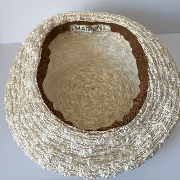Vintage 1960s I. Magnin Ladies Wide Brim Beige White Straw Woven Summer Hat - Picture 4 of 11